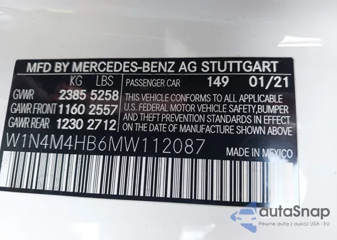 2021 Mercedes-Benz Glb 250 4Matic из США, поврежденный, VIN W1N4M4HB6MW112087